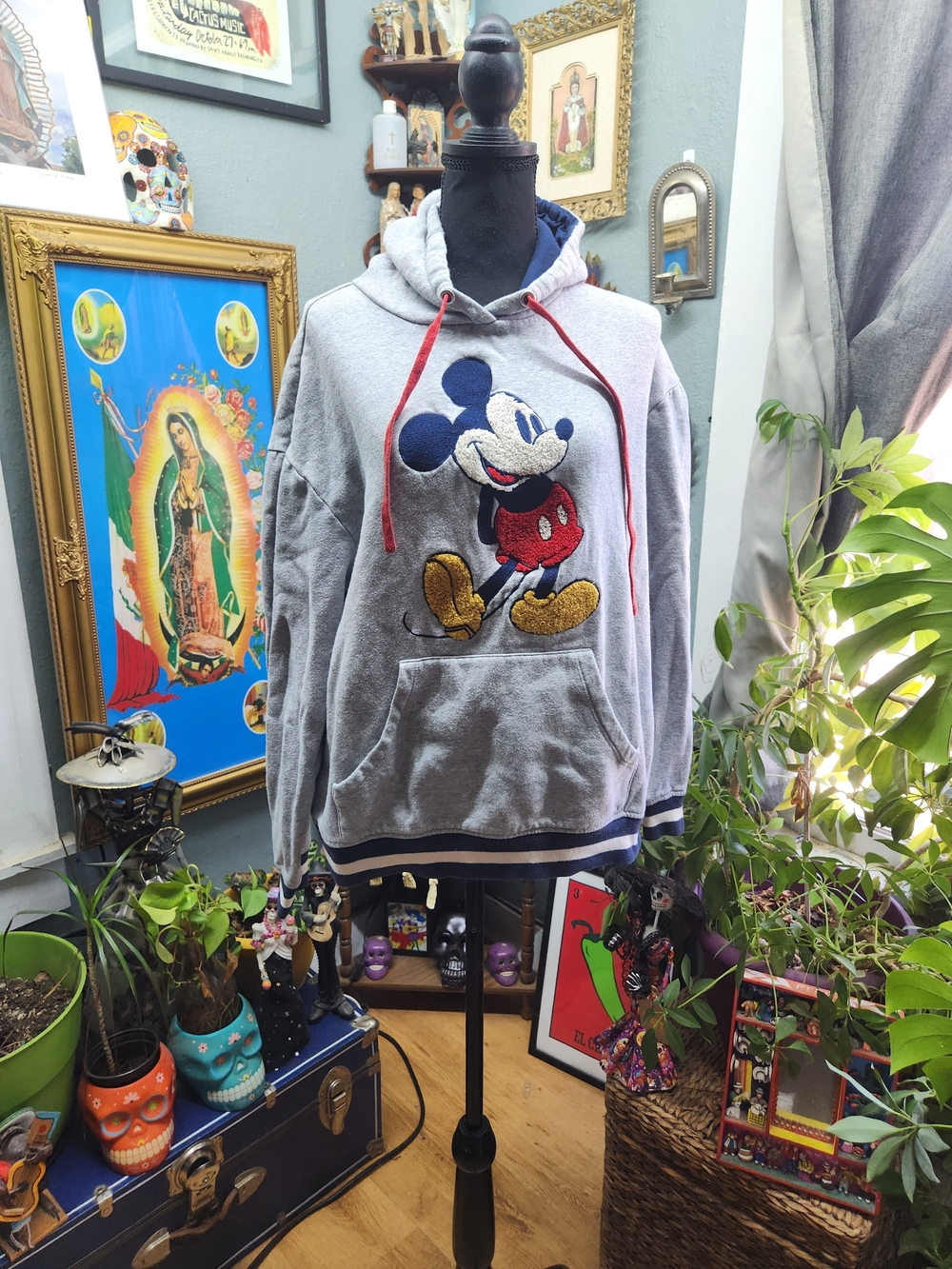 Disney Gray Crewneck Sweatshirt with Embroidered Mickey and Red Drawcords